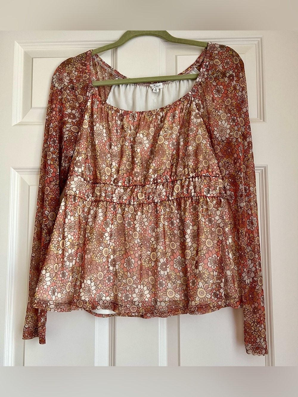 Mason & Belle Boho Floral Blouse Bell Sleeves - Pink Brown XL(fits like Lg)